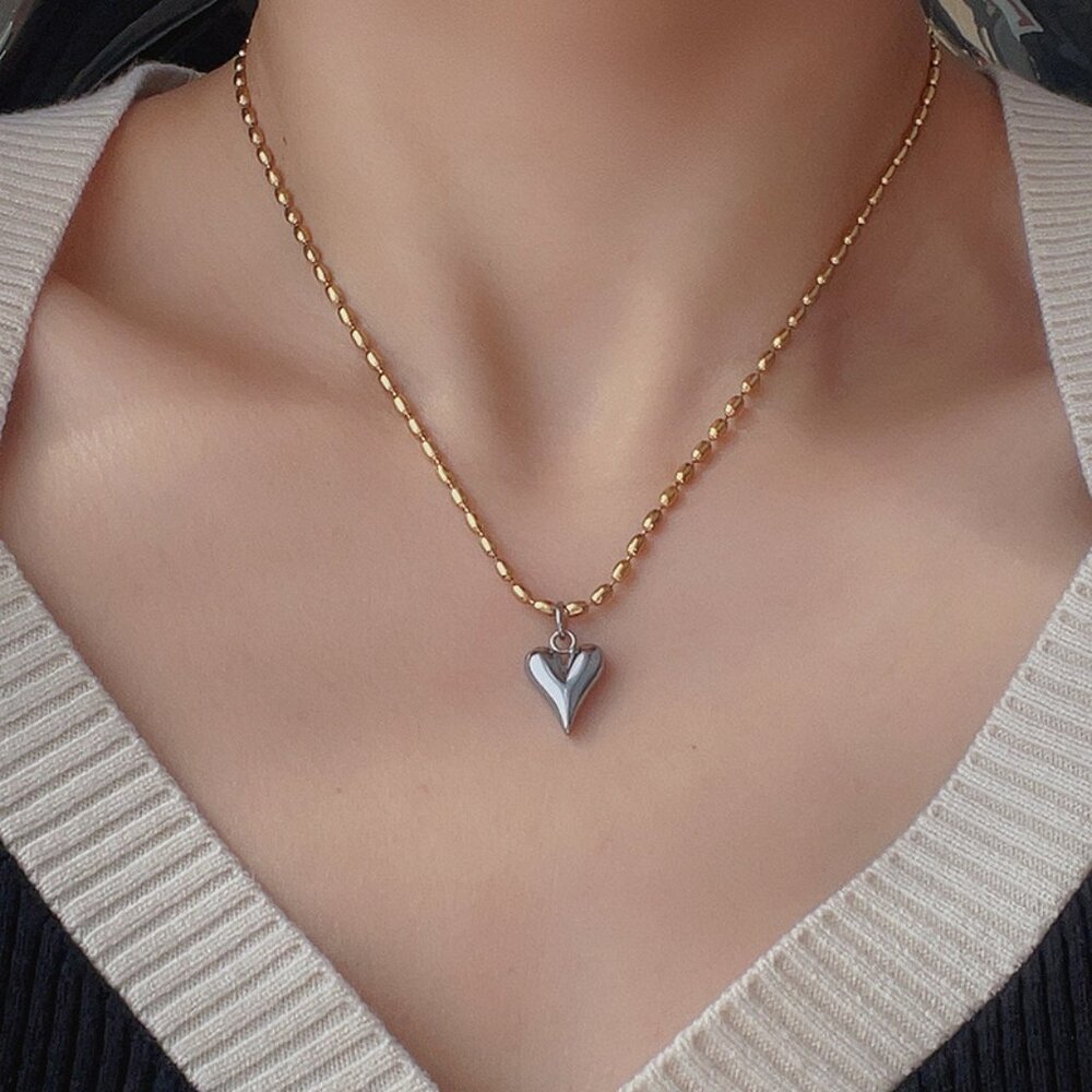 3/$35 18K Gold Plated Silver Heart Pendant Chain Necklace Two Tone Steel Jewelry